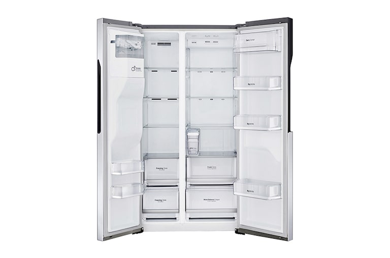 LG Side-by-Side mit Eis-, Crushed Ice- und Wasserspender | 591 Liter Kapazität | Energieeffizienzklasse F | Interner Wassertank 4L | Steel | GSL561PZUZ, GSL561PZUZ